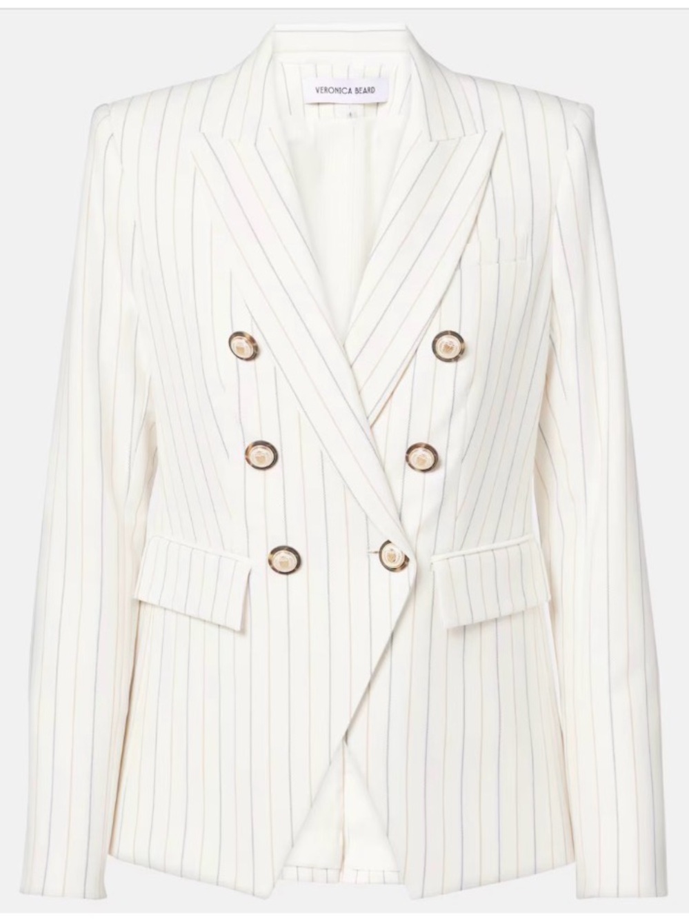 Veronica Beard Cream Pinstripe Double-Breasted Miller Blazer with Gold Buttons